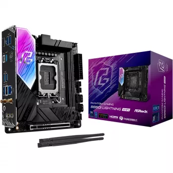 Pagrindinė plokštė ASROCK B860I Lightning WiFi – Intel B860, LGA 1851, Mini-ITX, DDR5, 2x DIMM, 4x M.2, 2.5Gb LAN, Wi‑Fi 6E, Bluetooth 5.3