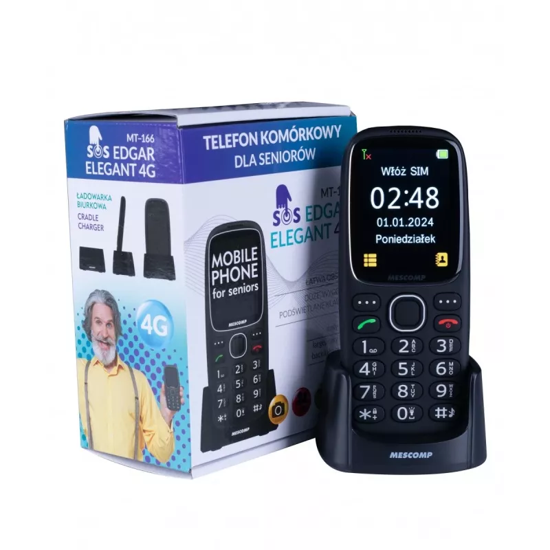 Mobilusis telefonas Mescomp MT-166 Edgar Elegant, skirtas senjorams, 4G, juodas