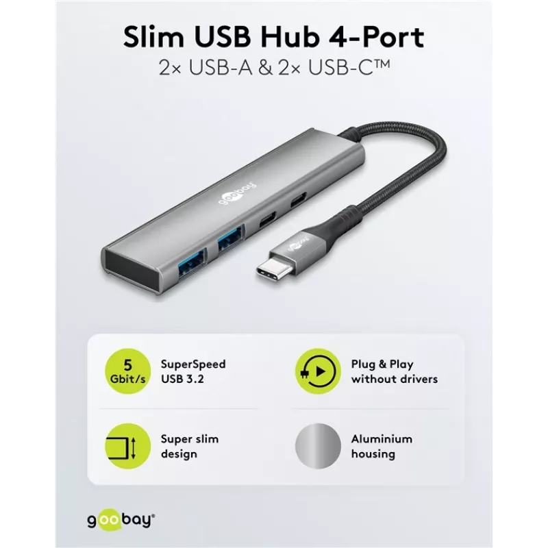 Goobay Slim 4 prievadų USB-Hub USB-C į USB-A 5 Gbit/s USB 3.2 (76563)
