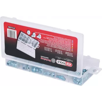 Riebalų tepimo antgalių rinkinys KS Tools 970.0360 – 70 vnt., metriniai tepimo antgaliai