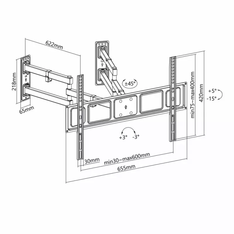 Sieninis TV laikiklis ART AR-85 32–70 colių televizoriams, iki 45 kg, pakreipimas -15–5°, pasukimas 45°, ištraukimas 118–622 mm, VESA 75x75–600x400