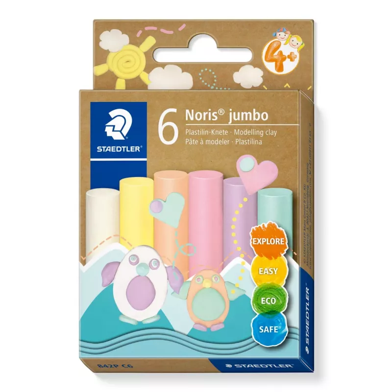 Modelino molis Staedtler Noris Jumbo Pastel 842P C6 – minkštas, lengvai formuojamas, įvairių pastelinių spalvų