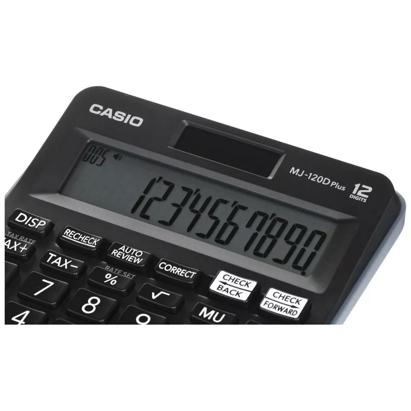 Stalinis skaičiuotuvas CASIO MJ-120D PLUS – pagrindinis, 12 skaitmenų, baterija/saulė, 35 klavišai, mokesčių ir kvadratinės šaknies funkcijos, juodas