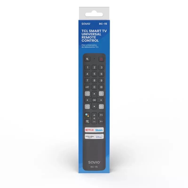 SAVIO universalus televizoriaus pultelis RC-15 TCL SMART TV, IR belaidis, juodas, veikimo nuotolis 10 m