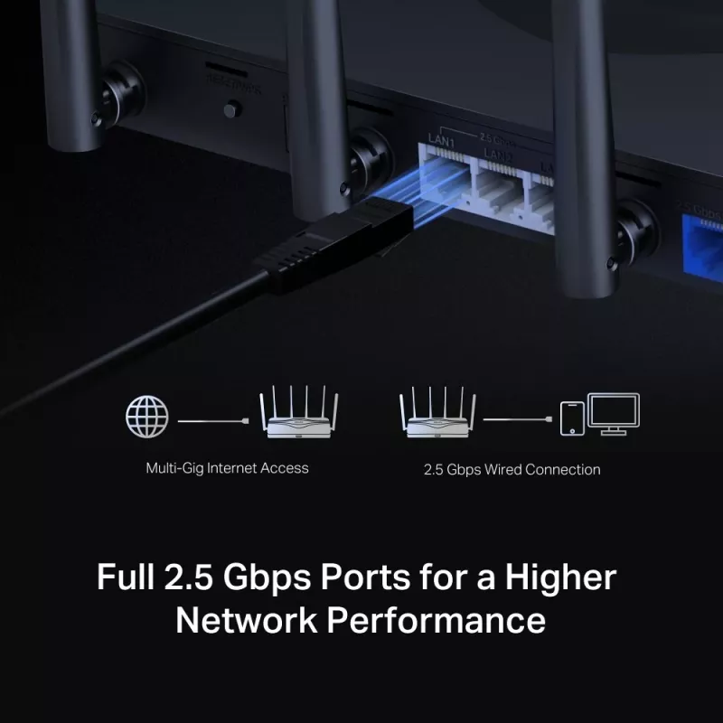 Stalinis maršrutizatorius MERCUSYS MR47BE — trijų juostų Wi‑Fi 7 (2.4/5/6 GHz), 9300 Mbps, 3× RJ‑45, 2.5GbE, 6 išorinių antenų