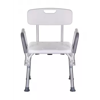 Priekabinis dušo kėdė ActionMed KP300AM su atlošu ir porankiais, polipropilenas, reguliuojamas aukštis 43–56 cm, sėdynė 40×33 cm, maks. svoris 110 kg