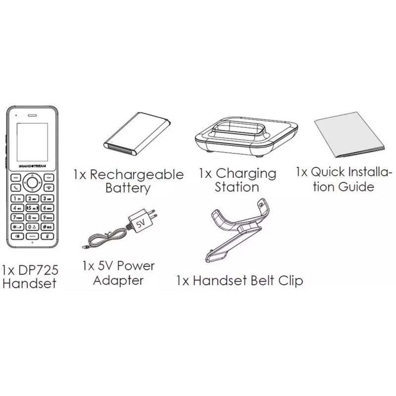 IP telefonas Grandstream DP725 belaidis ragelis, pilka spalva, 1,8 colio TFT ekranas, 20 linijų, ličio jonų 1500 mAh