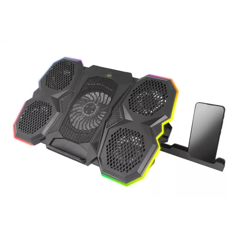Aušinimo padėklas nešiojamam kompiuteriui ESPERANZA EGC107 – 3 ventiliatoriai, 1200–2600 RPM, RGB, 5 aukščio padėtys, juodas