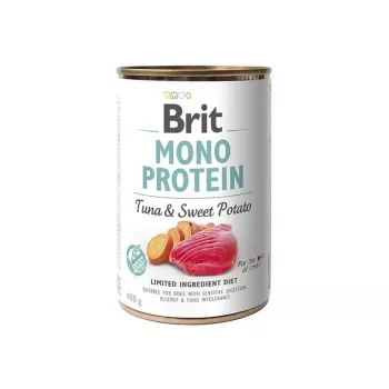 Šlapias šunų ėdalas Brit Mono Protein Tuna su saldžiąja bulve 400 g – vieno gyvūninio baltymo pilnavertis konservuotas ėdalas