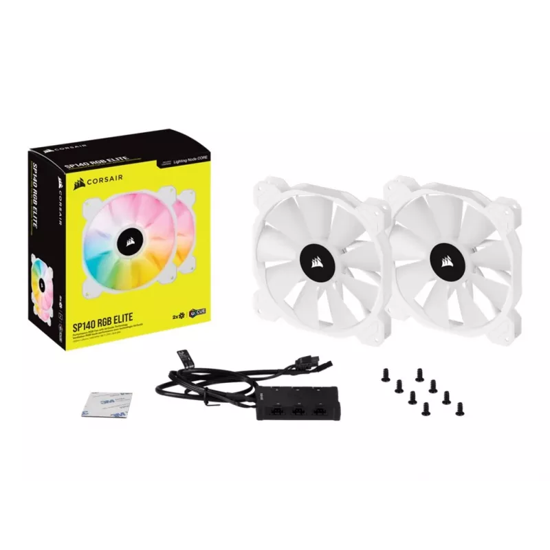Corsair iCUE SP140 RGB ELITE 140 mm baltas ARGB reversinės mentės PWM korpuso ventiliatorius 2 vnt. pakuotė