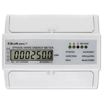 Qoltec Trifazis Dvikryptis Elektroninis Skaitiklis | DIN bėgio energijos suvartojimo matuoklis | 400V | 100A | LCD | 4P