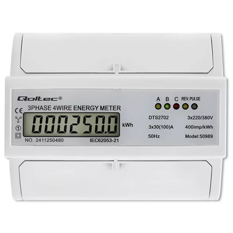 Qoltec Trifazis Dvikryptis Elektroninis Skaitiklis | DIN bėgio energijos suvartojimo matuoklis | 400V | 100A | LCD | 4P