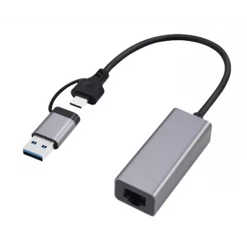 USB 3.1 Type-C Gigabit tinklo adapteris Gembird A-USB3AC-LAN-01 – 1× RJ-45, 1000 Mbps, USB 3.2 Gen 1, metalinis korpusas, pilka