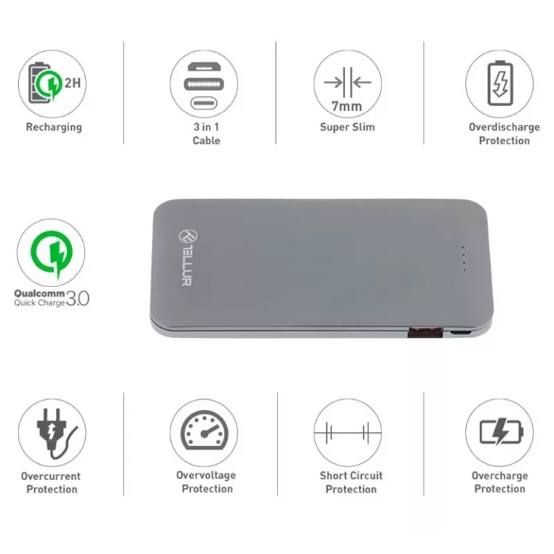 Nešiojamas Power Bank Tellur QC 3.0 Greitas Įkrovimas, 5000mAh