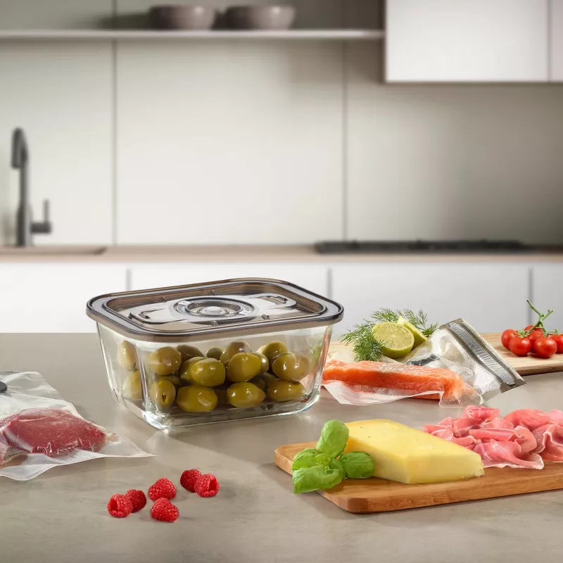 Stiklinis vakuuminis indas su plastikiniu dangteliu Caso VacuBoxx Eco M, 0,8 l, skaidrus