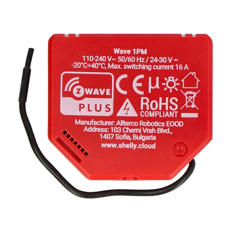 Išmanusis jungiklis Shelly W 1PM Plastic 16A 110–240V, Z‑Wave, 868,4 MHz, raudonas, 42×37×16 mm