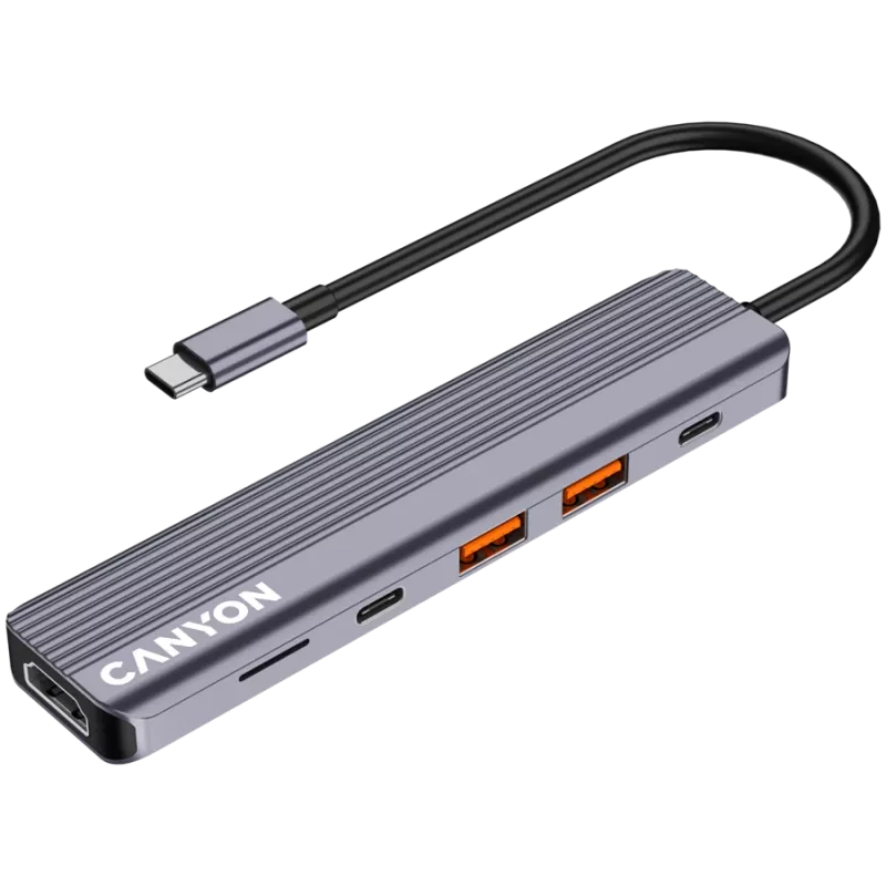 USB Type-C stotelė CANYON DS-17 – HDMI, USB 3.2 Gen 1 A, USB-C, MicroSD, 10000 Mbit/s, pilka