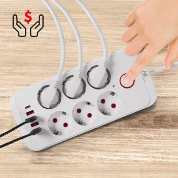 Maitinimo blokas MACLEAN MCE389 W – 6 kištukinių lizdų, 4×USB-A, 1×USB-C, 2500W, 110–240V, 1,5 m laidas, baltas