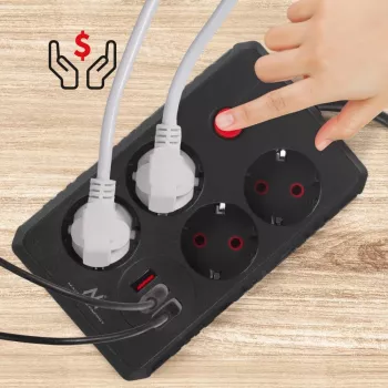 Ilgintuvas MACLEAN MCE392 B – 4 kištukiniai lizdai, 3×USB, 110–240V, 2,1A, 2500W, 1,5 m laidas, juodas