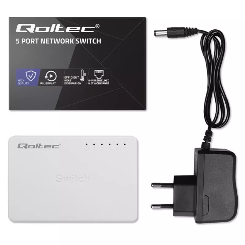 Tinklo jungiklis QOLTEC 52247 5 x RJ45 prievadai 1000Mbps Gigabit nevaldomas