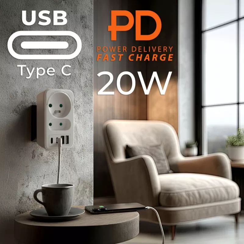 Maitinimo skirstytuvas MACLEAN MCE249 F/W – 2 kištukiniai lizdai (16A + 6A) ir 4 USB (2x A, 2x C PD 20W)