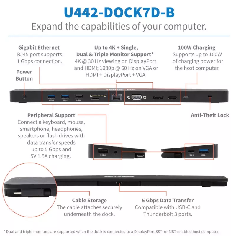 USB-C Dock, trigubas ekranas - 4K HDMI ir DP, VGA, USB 3.2 Gen 1, USB-A/C šakotuvas, GbE, 100W PD įkrovimas