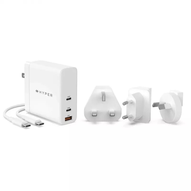HYPER HJG140WW universalus baltas AC greitasis kroviklis, 140 W, GaN, 2x USB-C + 1x USB-A, patalpoms