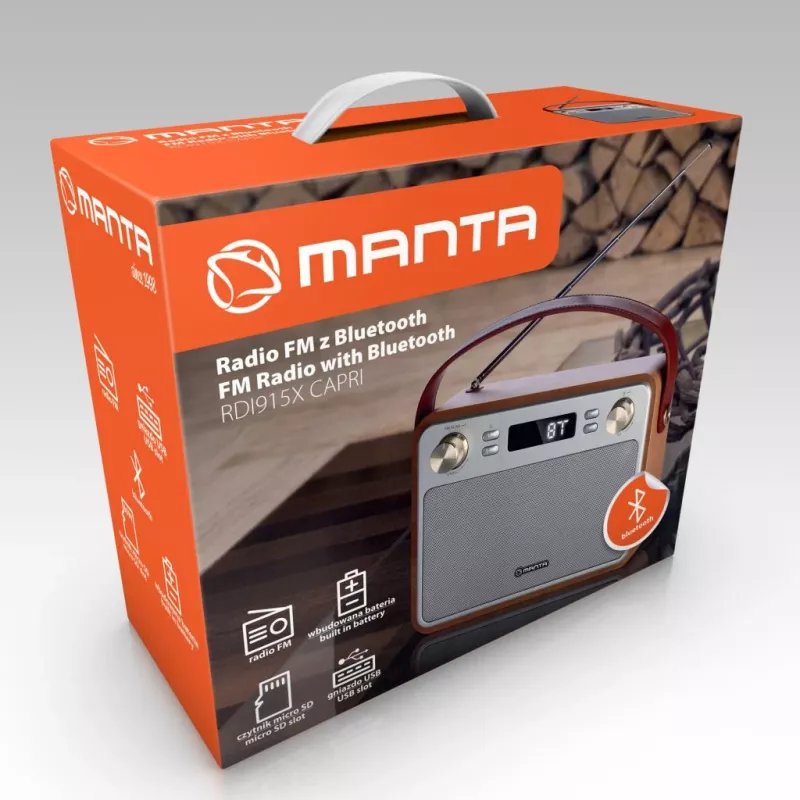 Automagnetola MANTA RDI915X – FM imtuvas su Bluetooth 2.1, USB, microSD, 1200 mAh baterija, 10 W galia