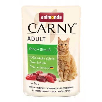 Šlapias kačių ėdalas Animonda Carny Jautiena ir Strutis 85 g – suaugusioms katėms, be grūdų, sachet
