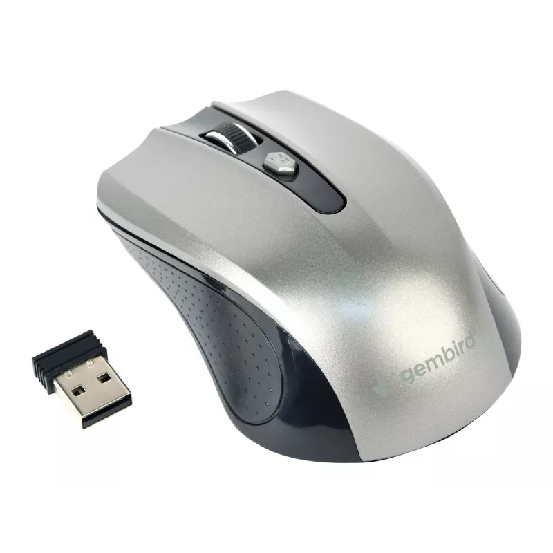 Belaidė pelė Gembird MUSW-4B-04-BG – dešinei rankai, optinė 1600 DPI, 4 mygtukai, RF, juoda/pilka