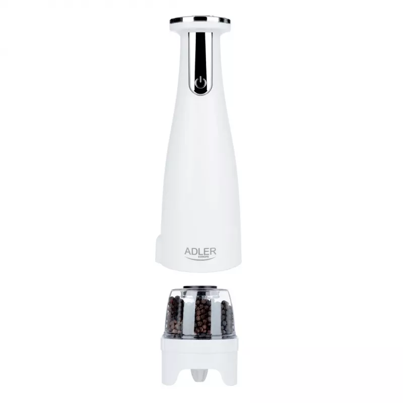 Elektrinis druskos ir pipirų malūnėlių rinkinys Adler AD 4449W Steel White, keraminiai girnapusiai, 150 ml, įkraunamas per USB-C