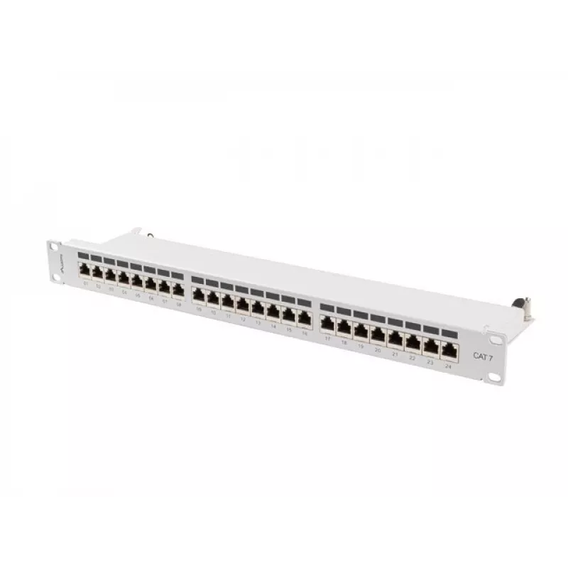 Patch panel 1U LANBERG PPS7-1024-S — 24 prievadai, Cat7, F/UTP, metalinis, 1U (445×102×44,5 mm)