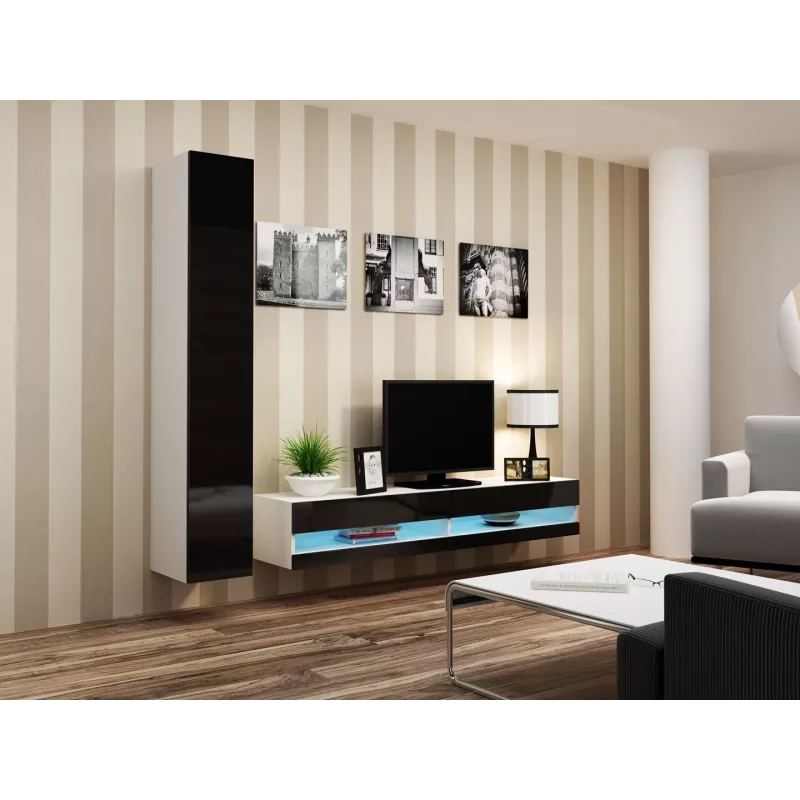 TV stovas Cama Meble VIGO NEW 30/180/40, balta viršus, juodas blizgus rėmas, 1800×400×300 mm