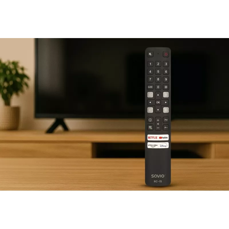 SAVIO universalus televizoriaus pultelis RC-15 TCL SMART TV, IR belaidis, juodas, veikimo nuotolis 10 m