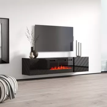 Spintelė televizoriui cama meble LUXE 301126 su įmontuotu elektriniu židiniu, 182,6×34,5×37,5 cm, juodas blizgesys