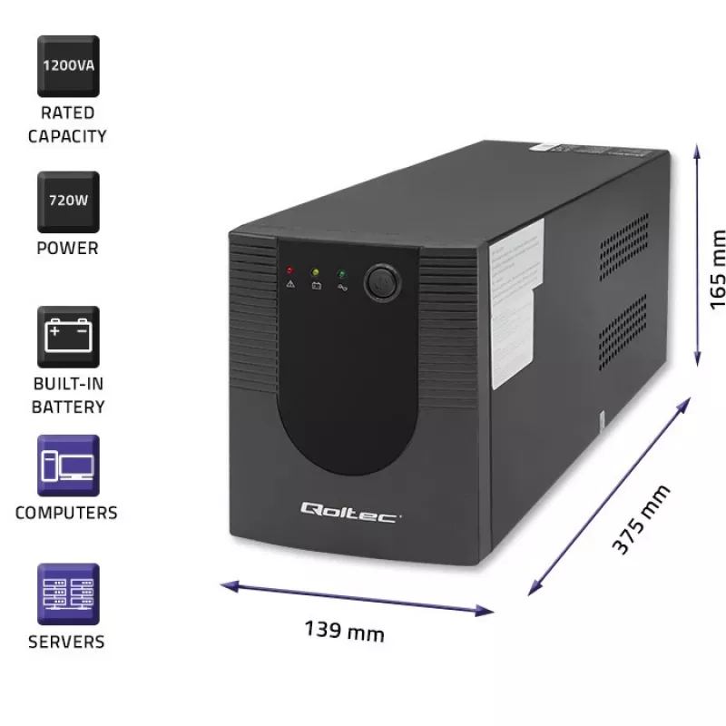 Nepertraukiamo maitinimo šaltinis UPS Qoltec 53775 1,2 kVA 720 W 4 AC lizdai