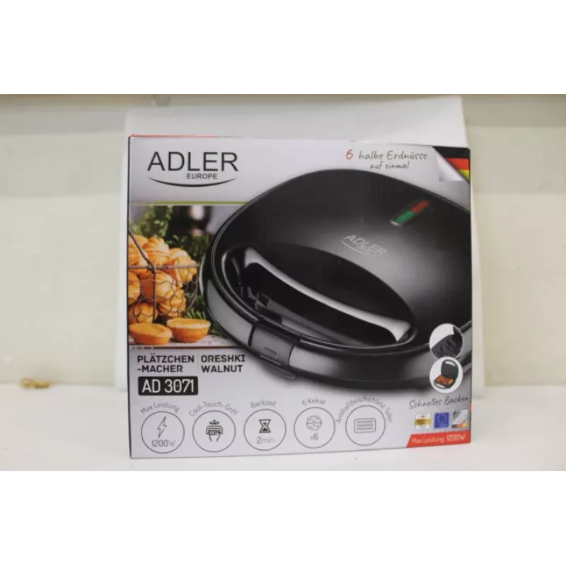Adler AD 3071 riešutinių sausainių keptuvė | 750 W | 12 formelių | Juoda | PAŽEISTA PAKUOTĖ