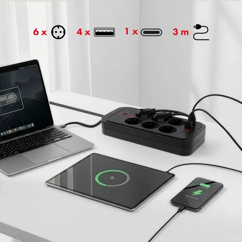 Maclean MCE391 B ilginimo lizdas – 6 kištukiniai lizdai, 4×USB-A + 1×USB-C, 110–240V, 2500W, 3 m laidas, juodas