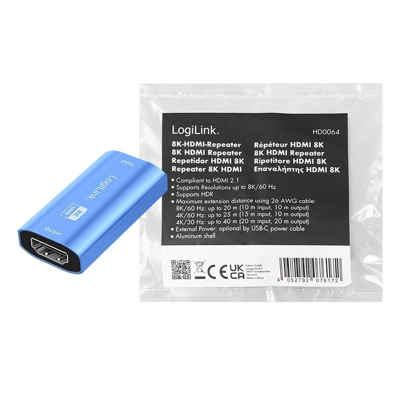 HDMI kartotuvas, 20m, 8K 60Hz, HDCP 2.3, aliuminis, mėlynas