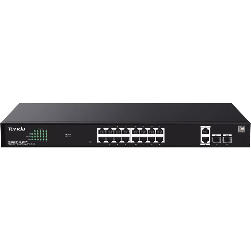 TENDA TEG2220P-16-250W – 16 prievadų Gigabit Websmart L2 PoE+ jungiklis, 230 W
