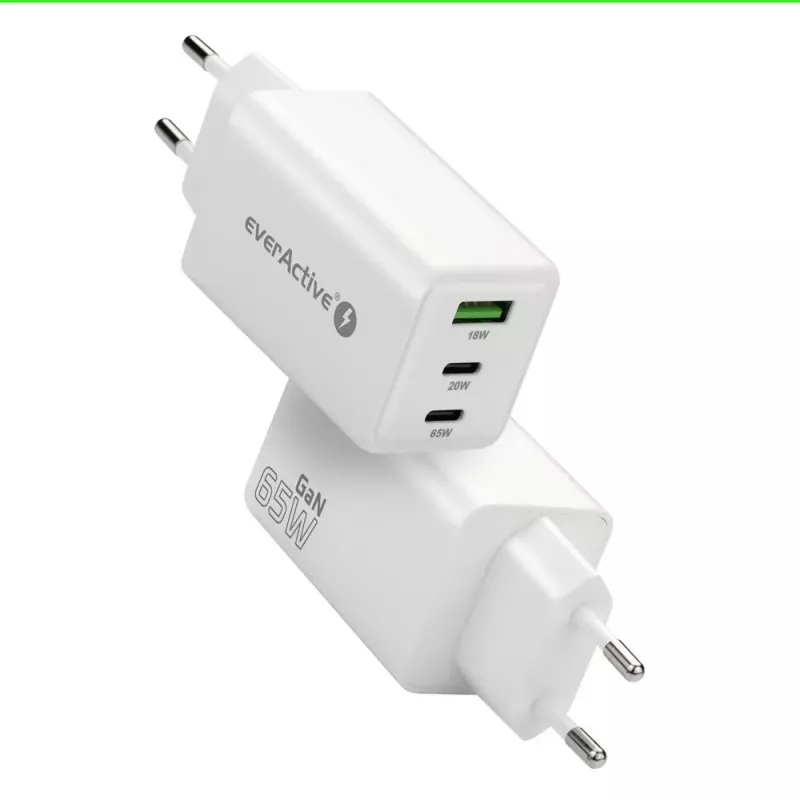 Įkroviklis everActive SQ-655Q 65W, 1×USB-A + 2×USB-C greitas įkrovimas