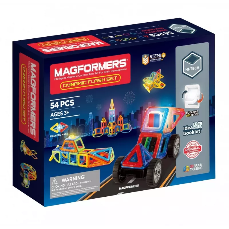 MAGFORMERS Dynamic Flash 54 vnt. magnetinis konstravimo rinkinys – kvadratinės ir trikampės plytelės