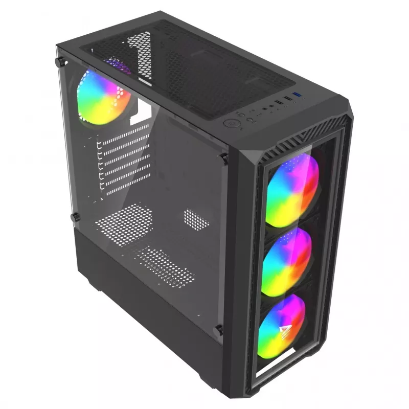 PC korpusas SAVIO Noctis Glass RGB — Juodas, ATX/Micro-ATX, 210×410×450 mm, 3×120 mm priekiniai ventiliatoriai