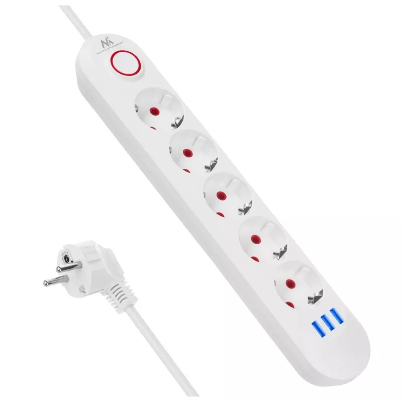 Maitinimo blokas MACLEAN MCE395 W – 5 lizdai, 3× USB A, 110–240 V AC, 2,1 A USB, max 2500 W, baltas, 1,5 m laidas