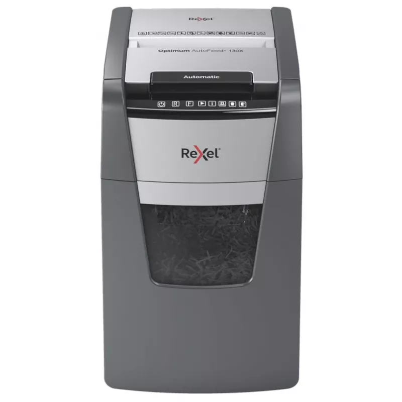 Rexel Optimum AutoFeed+ 130X popieriaus smulkintuvas, kryžminis pjovimas, 55 dB, 22 cm, juodas, sidabrinis