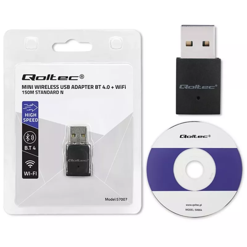 Belaidis USB mini Wi-Fi adapteris QOLTEC 57007 – vienos juostos 2.4 GHz, iki 150 Mbps, vidinė antena