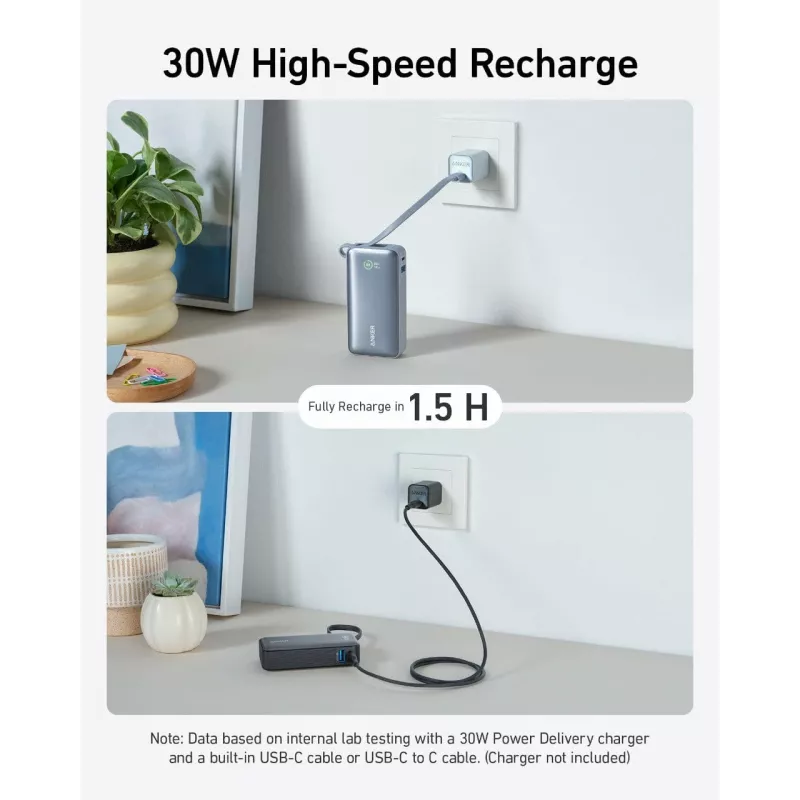 Anker Powerbank 545 NANO 30W 10000mAh su integruotu USB-C laidu, juoda