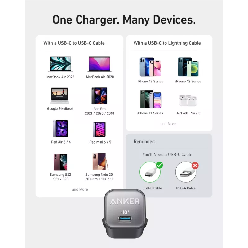 Anker 511 įkroviklis (Nano 3), 30 W, 1x USB-C, baltas