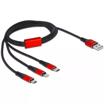 USB įkrovimo laidas DeLOCK 3 in 1 Type-A į Lightning / 2 x USB Type-C 1 m juodas / raudonas