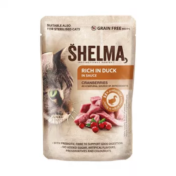 Šlapias kačių ėdalas SHELMA Rich in duck padaže, 85 g pakelis, suaugusioms katėms, be grūdų, pilnavertis pašaras